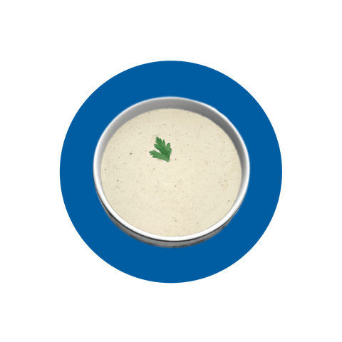 Image of a small bowl with Alfredo in it, in a blue circle